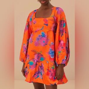 NWT - Farm Rio - Orange Bouquet Ikat Brocade Mini Dress - Size Small